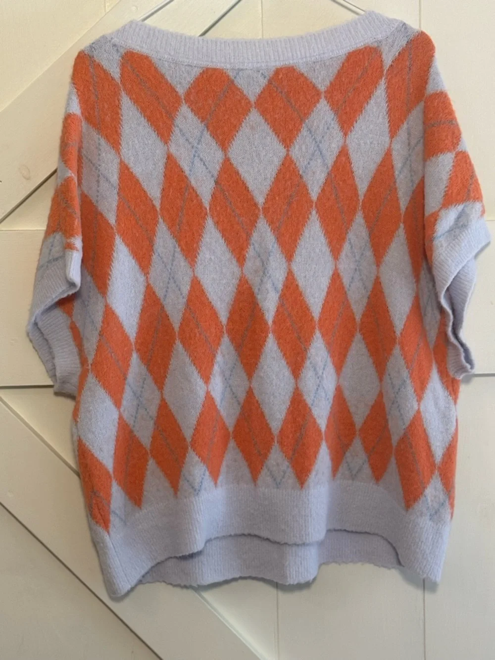 Free People Large Argyle Sweater Vest V-Neck Oversized Fuzzy Knit Orange Gray
